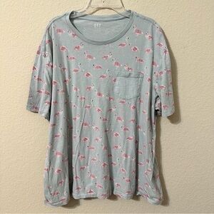 Gap T-Shirt Gray Pink Flamingo Print Short Sleeve Shirt Front Pocket Summer